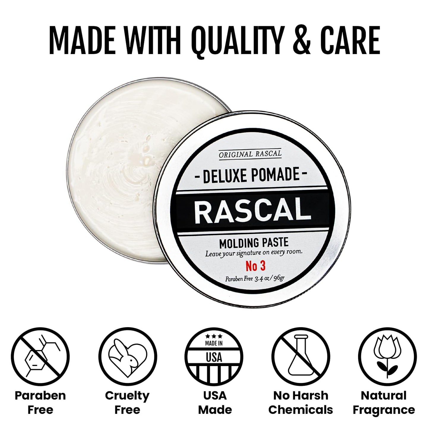Original Rascal Deluxe Pomade for Men #3 - Matte Molding Hair Paste with Medium Hold & High Shine - Men's Styling Care Solution Product for All Hair Types - Natural Infused with Beeswax & Mineral Oil