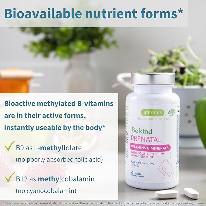 Methylated Prenatal Multivitamin, Folate for MTHFR, High Absorption, Clean Label, Gentle Iron, Choline, Natural Calcium & Magnesium, Vegan Pregnancy Vitamins, Halal, Non-GMO, 60 Tablets, by Igennus