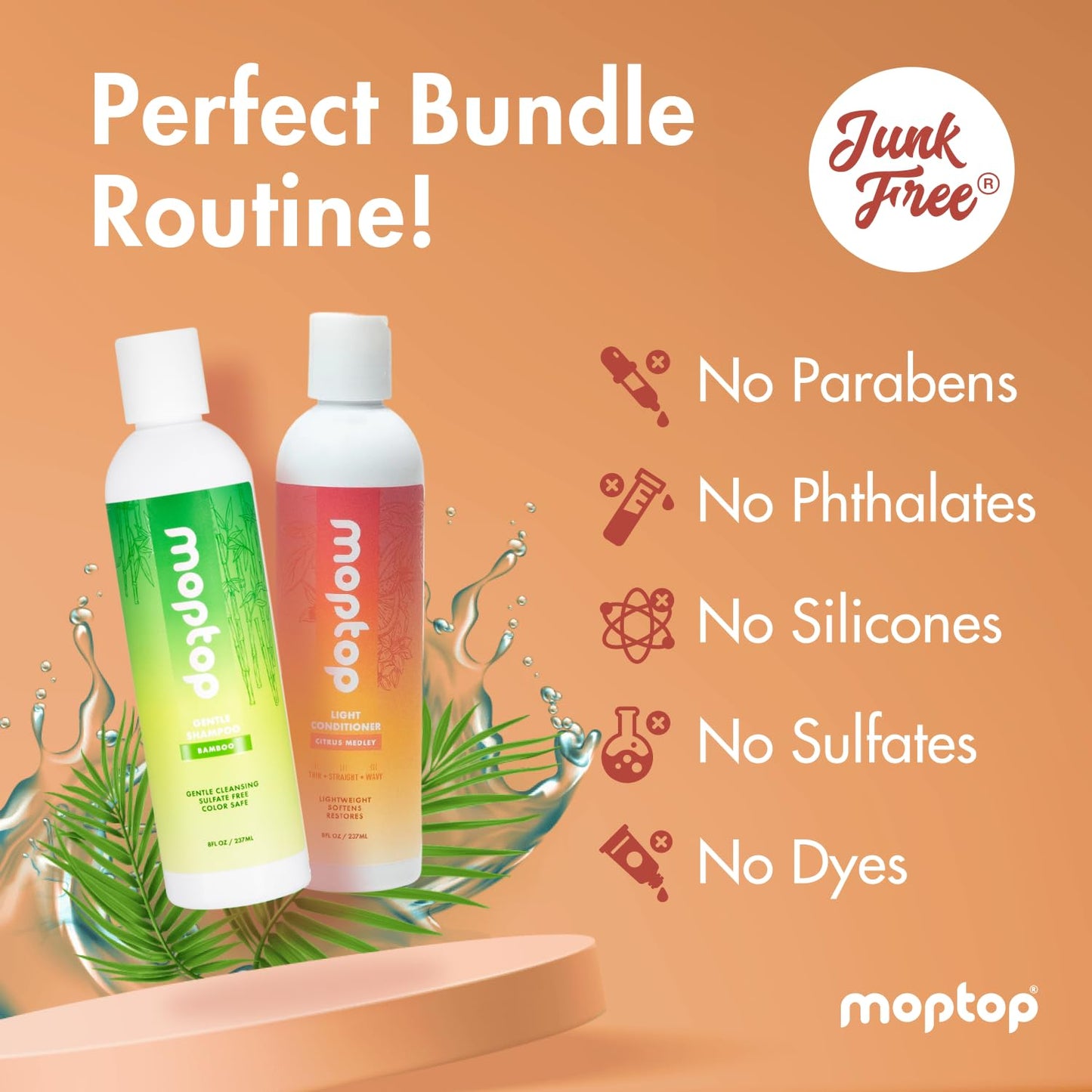 MopTop Lightweight Curly Hair Shampoo and Conditioner Set – Gentle Shampoo + Light Conditioner, Reduces Frizz & Restores Dry Damaged Hair, Sulfate & Paraben Free – Wavy, Curly, Coily, Kinky (Set of 3)