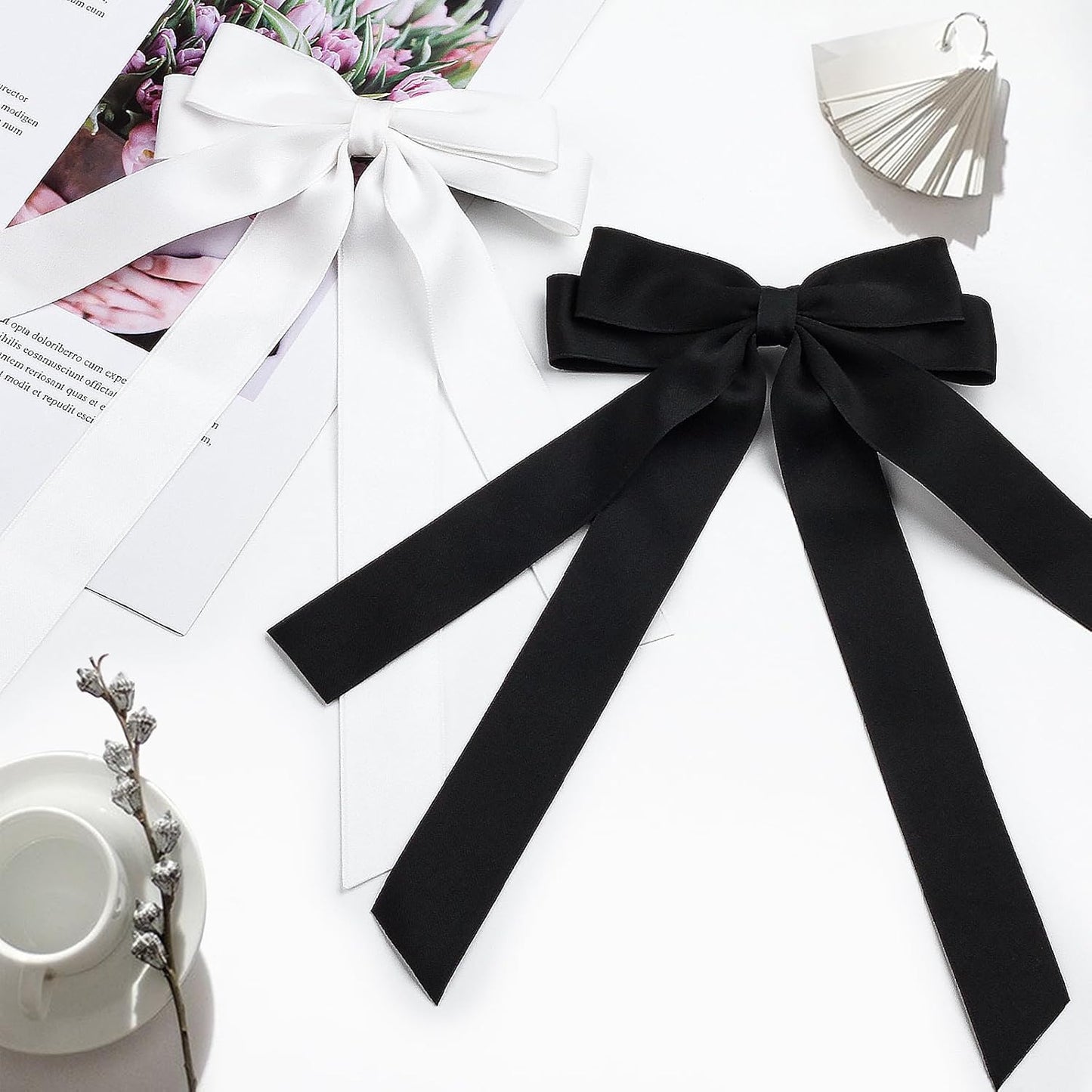 Bow Hair Clips 2PCS Set for Women and Girls - Black White Ribbon Bows for Hair, with Long Tail, Alligator Clip (Black & White)