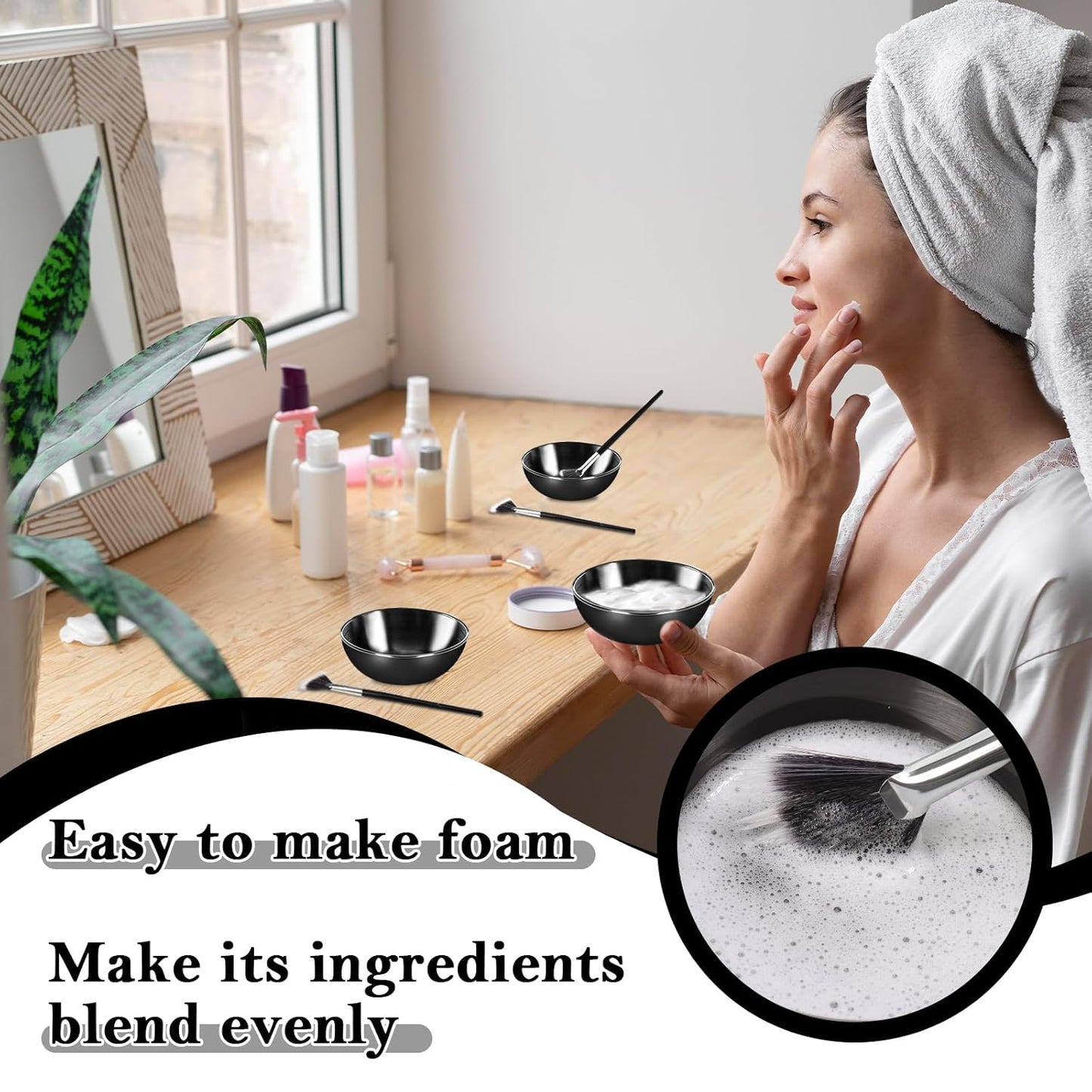 16 Pcs Black Facial Bowl and Brush Set 8 Black Stainless Steel Mixing Bowls Facial Mixing Bowls Esthetician 8 Facial Fan Brushes Esthetician Face Mask Brush for Mud Cream Makeup Spa Salon Women