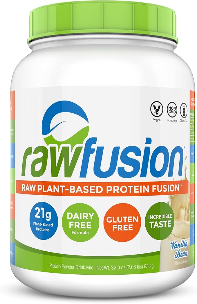 Rawfusion- Vegan Protein Powder, Vanilla Bean - 30 Servings, 21g of Plant Based Protein, Low Net Carbs, Non-Dairy, Gluten/ Lactose Free, Soy Free, Kosher, Non-GMO, 2lb Pound