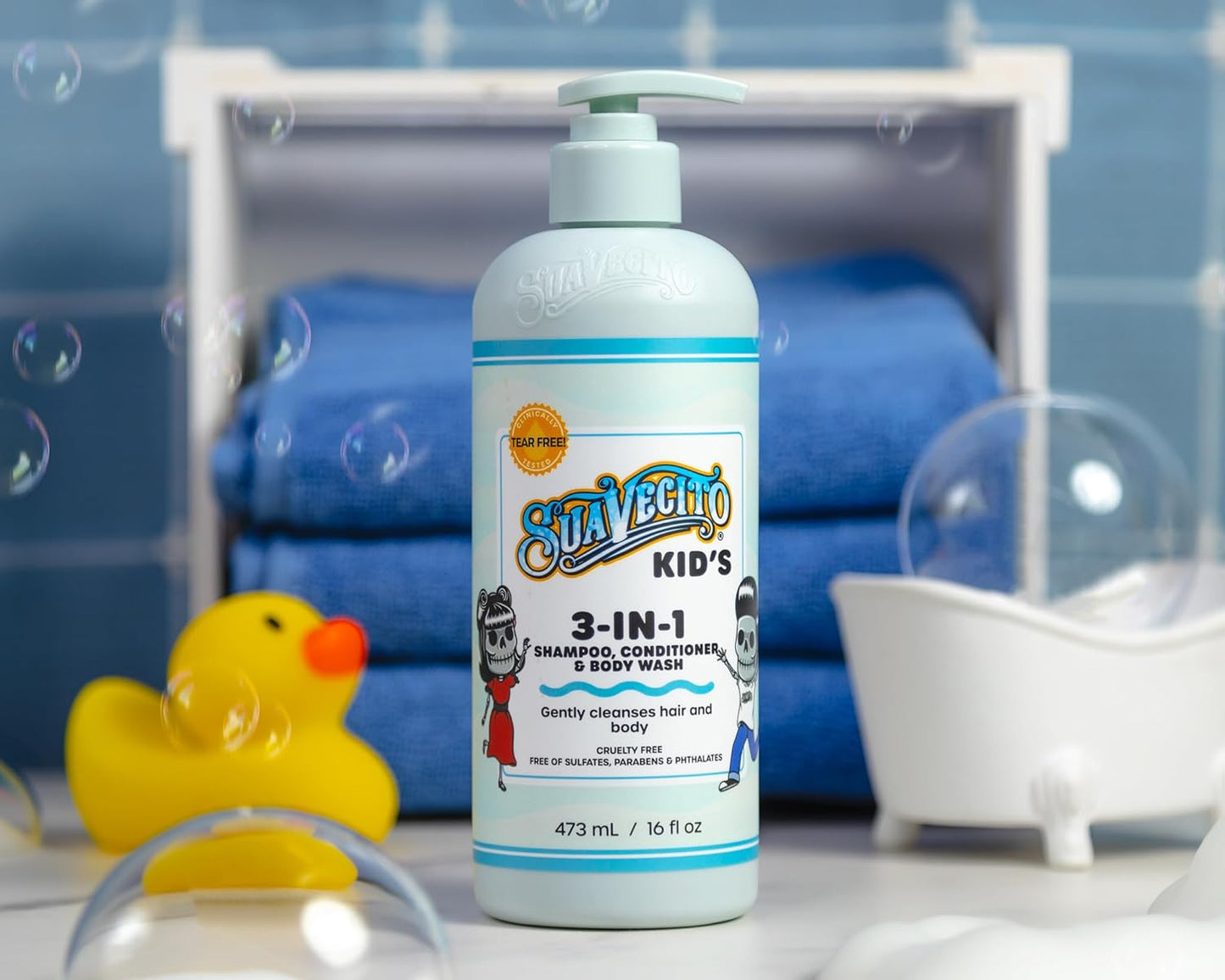 Suavecito Kid's 3-in-1 Shampoo, Conditioner, & Body Wash Milk & Honey Scent 16 oz Pump Bottle - Clinically Tested Cruelty Free Formula Free of Sulfate, Parabens, & Phthalates Ensuring No Tears