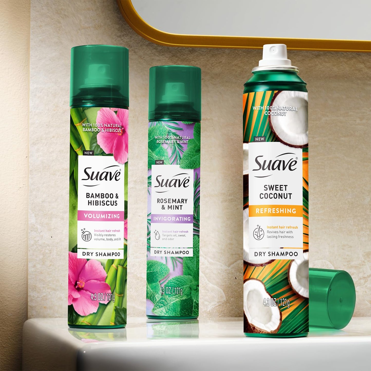 Suave+ Dry Shampoo Spray Variety 3-Pack – Invigorating Rosemary & Mint, Volumizing Bamboo & Hibiscus + Refreshing Sweet Coconut, 4.3 Oz Ea