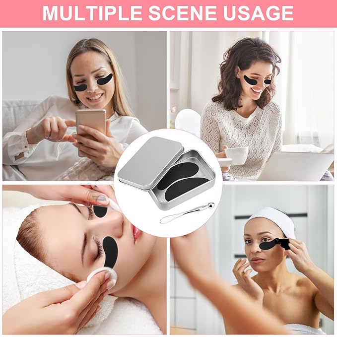 Reusable Eye Patch, Silicone Reusable Eye Gel Pads Eye Wrinkle Patches Under Eye Mask, Plump Fine Lines & Wrinkles with Metal Eye Cream Applicator & Tin Case (Black)