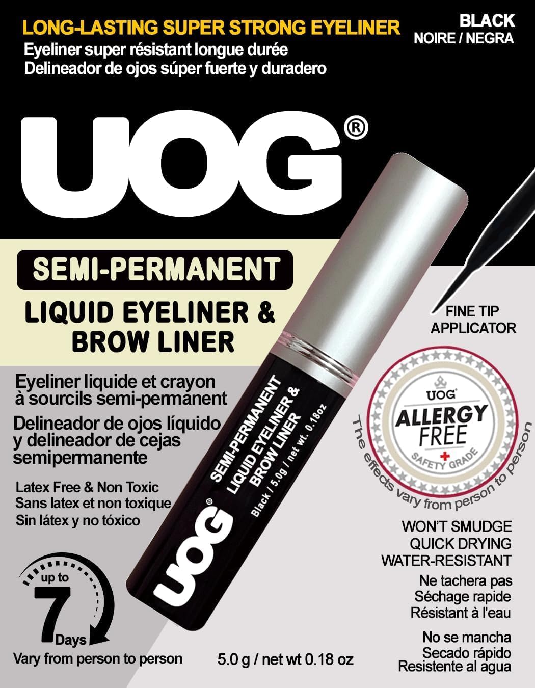 UOG (United One Liquid Eyeliner & Eyebrow Liner - Waterproof, Semi-Permanent, Smudge-Proof, Lasts Up to 7 Days, Allergy-Free with Precise Slender Tip. 5.0 mL/0.54 Fl oz(3 packs) (Black, 3 PCS)