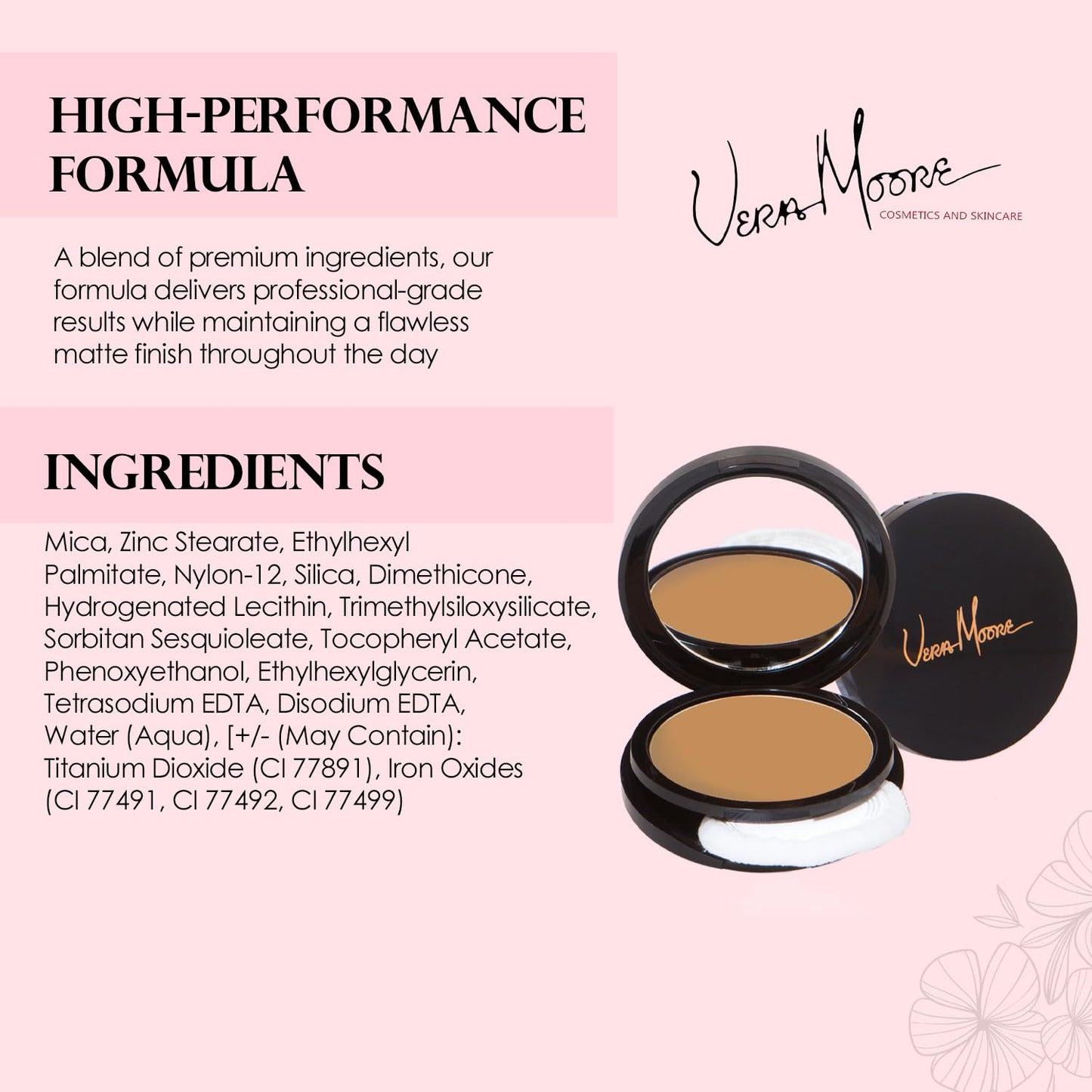 Vera Moore Matte Pressed Powder, Makeup Setting Compact Powder, Face Powder for Full Coverage with Flawless Finish, Shine, Matte Finish for All Skin Types (Cashmere, 12.5g)