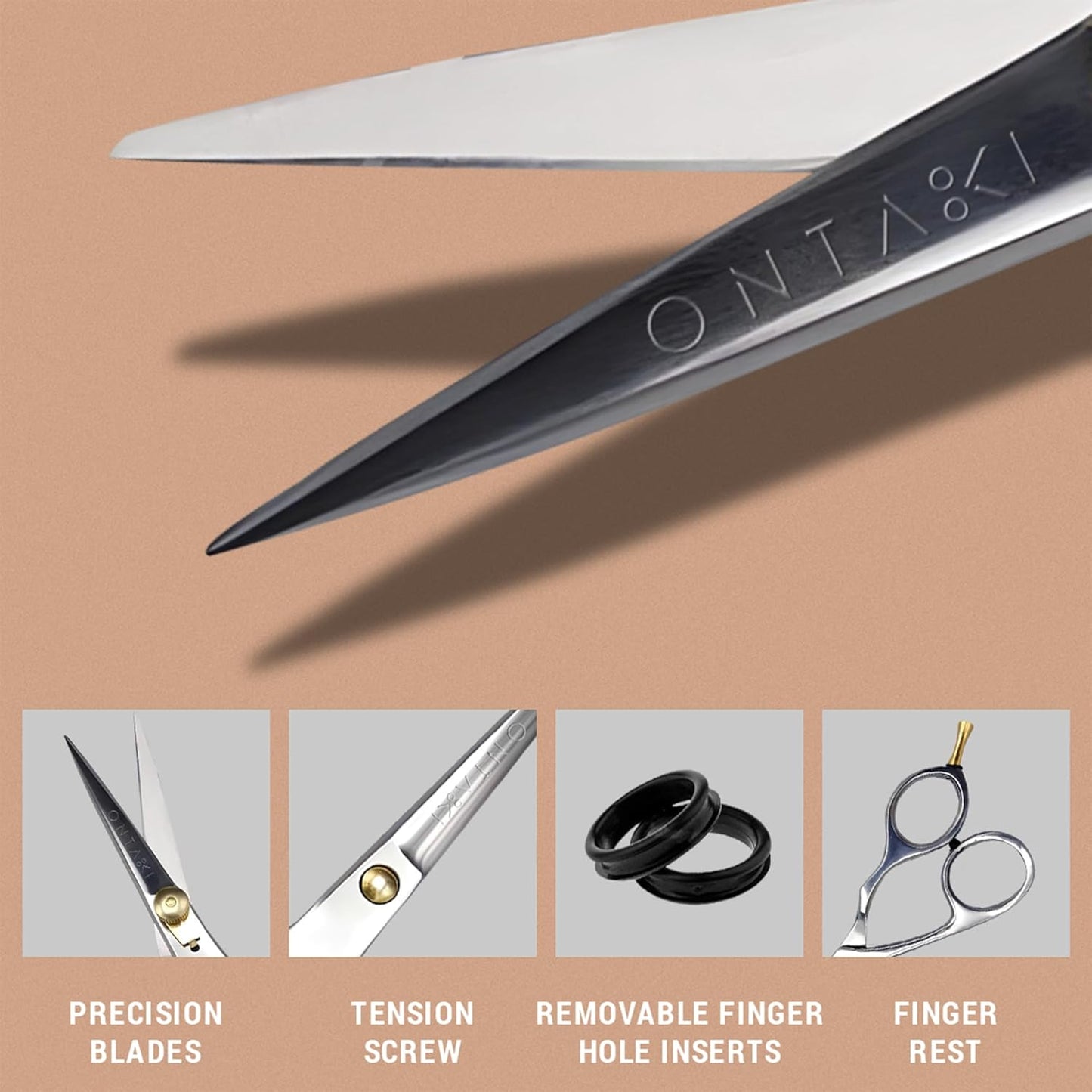 Ontaki Hair Scissors for Beard & Mustache - 5.5" 420C Japanese Steel, Silver, Right Hand - Hand-Forged Hair Cutting Scissors with Ergonomic Handles - Includes Beard Comb with Handle & PU Leather Pouch