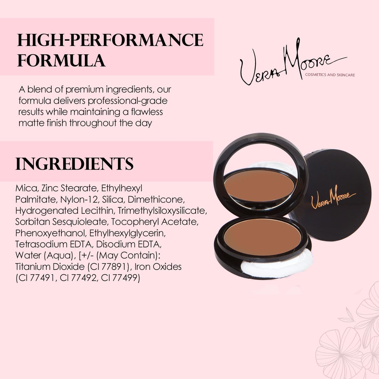 Vera Moore Matte Pressed Powder, Makeup Setting Compact Powder, Face Powder for Full Coverage with Flawless Finish, Shine, Matte Finish for All Skin Types (Cameo, 12.5g)