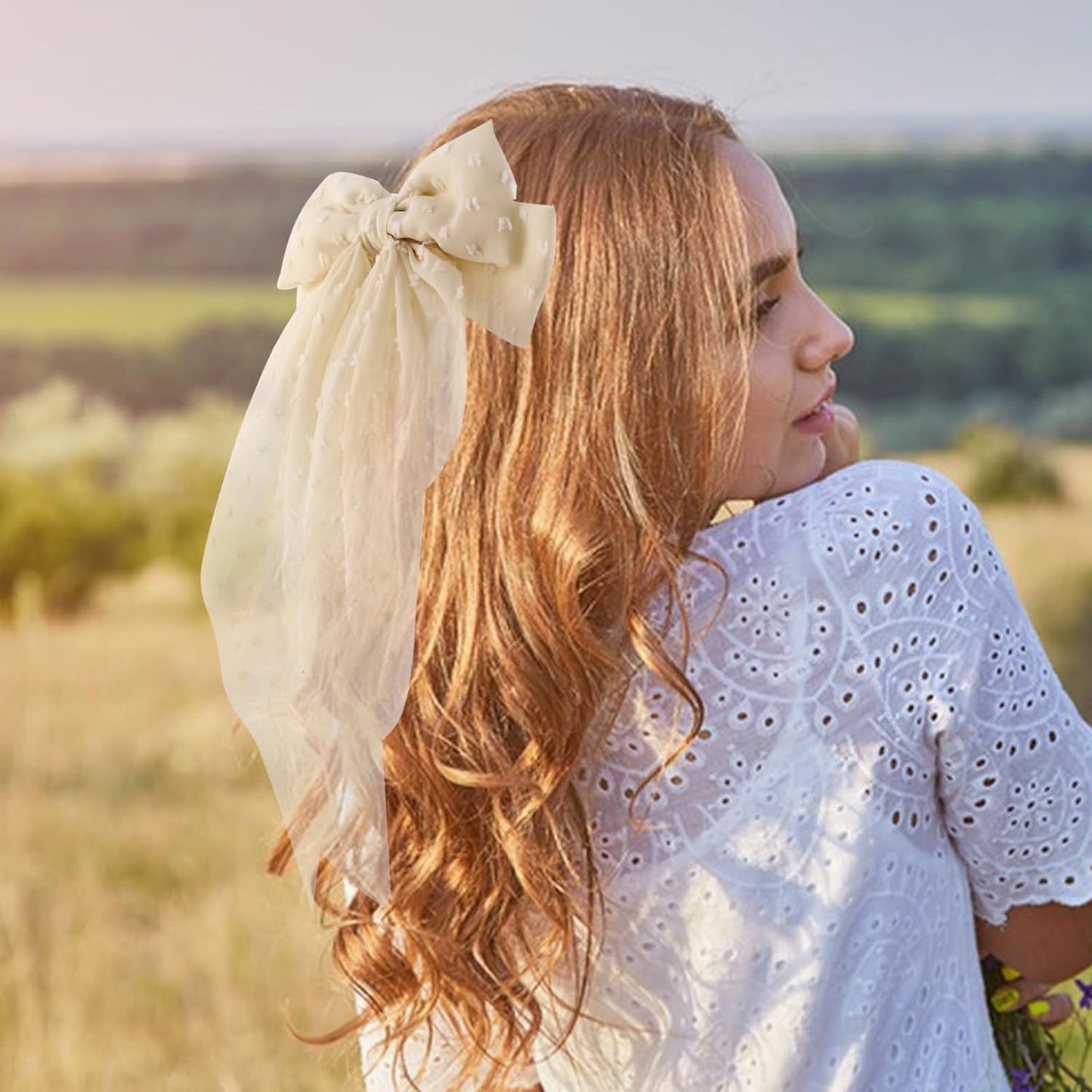 4PCS Chiffon Large Ribbon Hair Bows, Oversized Long-tail Hair Clips, Cute Hair Barrettes, for Women and Girls Hair Styling Accessories, Black, White, Beige, Light Pink