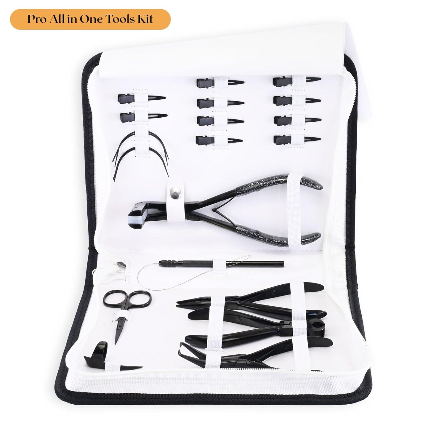 My Hair Tools Hair Extension Tools Kit – Tape-in Press Plier, Keratin Bond Cutter, 3 Hole Nano & Micro Beads Crimping & Remover Pliers, Hair Parting Tool, Mini Scissor, 12pcs Clips & Needles (Black)