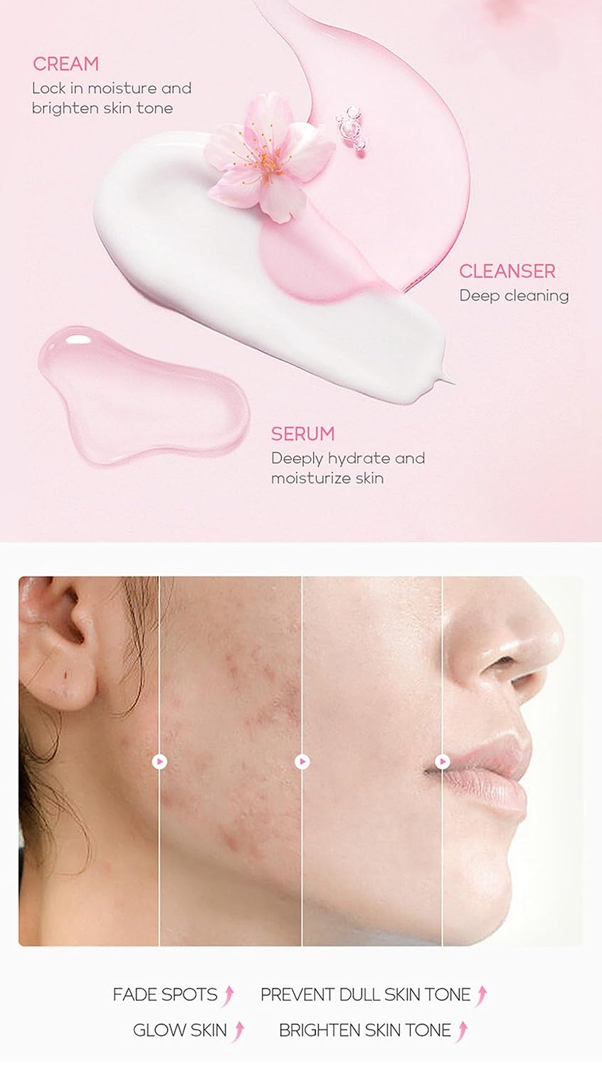 Gentle Skin Daily Skincare Set for Teen Girls & Women, JAPAN SAKURA Face Care Kit Includes Cleanser Hydrating Serum Essence Eye Cream, Sensitive Skin & Travel Essentials (4PCS)