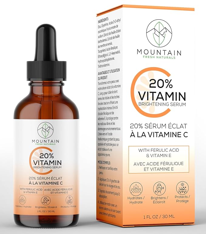 Vitamin C Serum โ 20% 3-0-Ethyl Ascorbic Acid, Ferulic Acid & Vitamin E โ Brightening, Hydrating, Anti-Aging Serum for Dark Spots, Uneven Skin Tone & Wrinkles โ 30mL / 1 fl oz