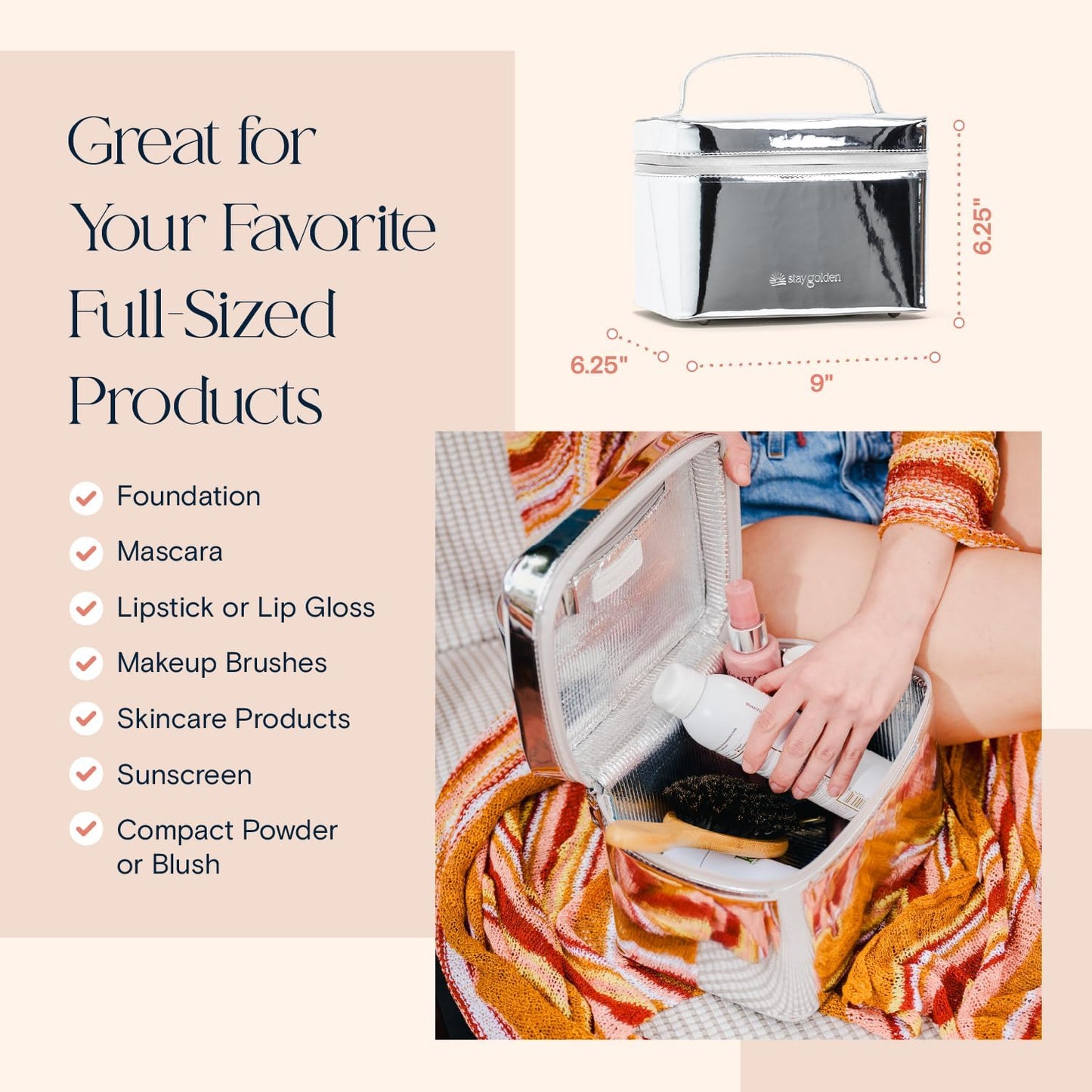 Stay Golden Insulated Waterproof Makeup Bag for Women Heat-Resistant Travel Cosmetic & Toiletry Bag | Luxurious Vegan Leather Portable Makeup Organizer - (Silver Zipper, Metallic Silver)