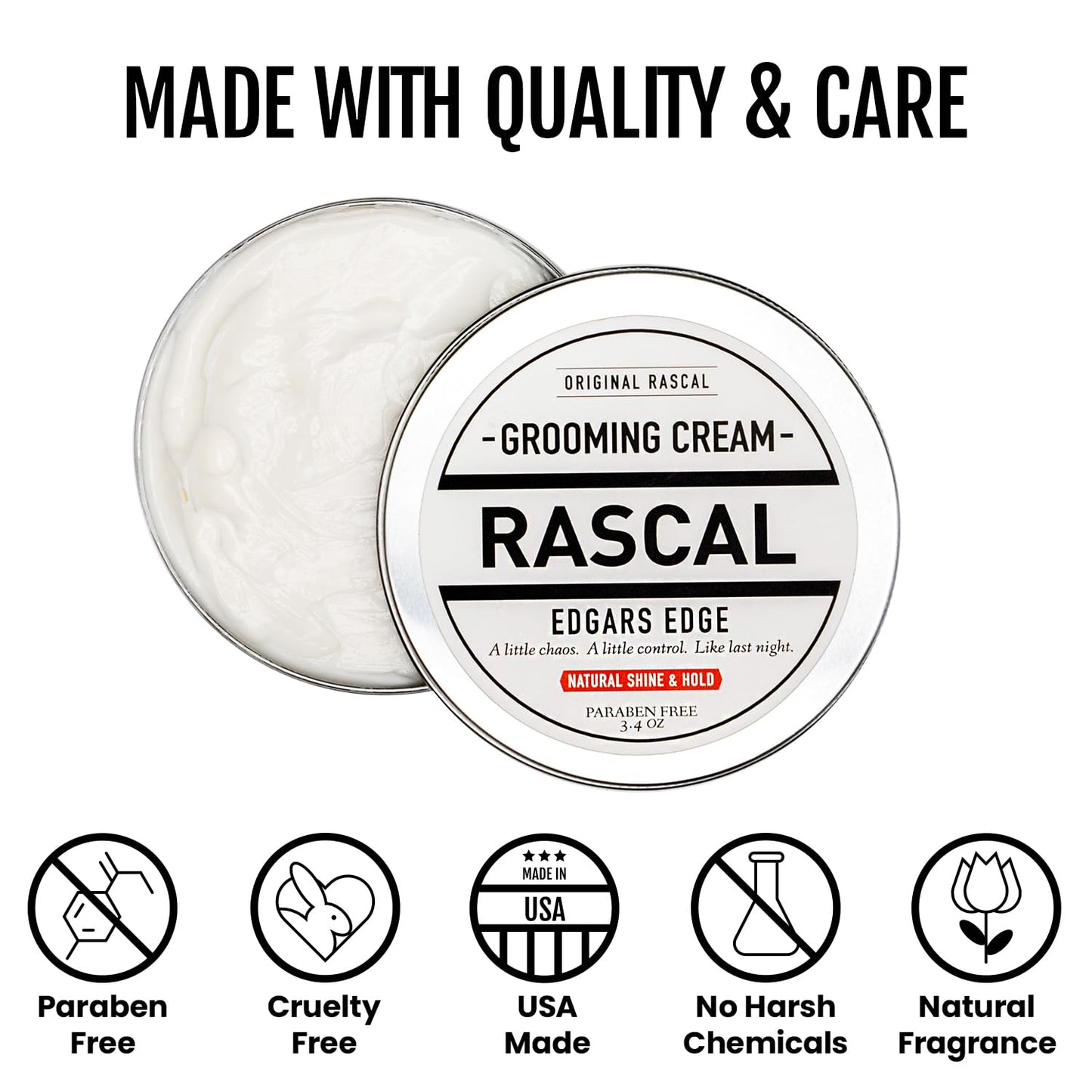 Rascal Original Edgar's Edge Grooming Cream - Hair Cream for Men with Medium Hold & Natural Shine, Mens Hair Conditioning & Styling Solution for All Hair Types, Made with Beeswax & Castor Oil - 3.4 Oz