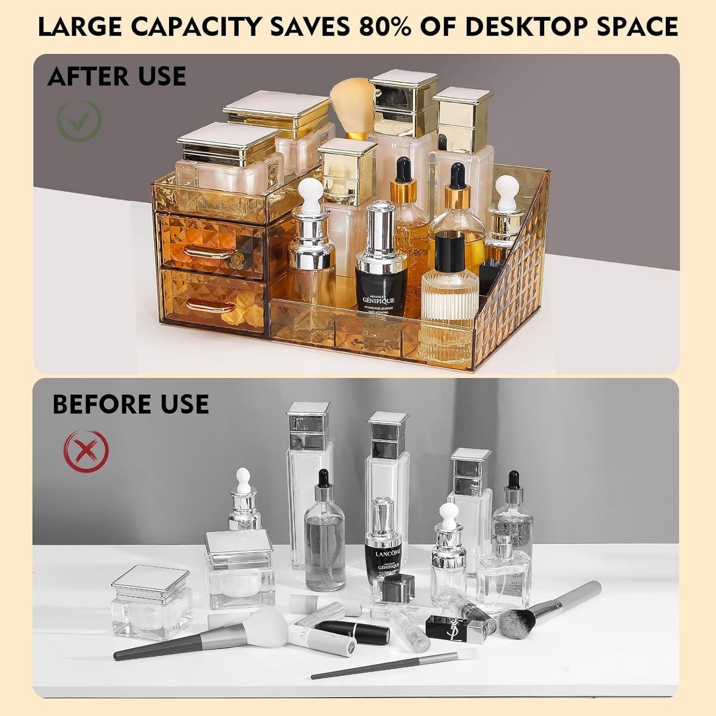 Clear Makeup Organizer for Vanity,Desk Makeup Caddy With Drawers for Cosmetics,Lipsticks Nail Care Skincare Jewelry Countertop Organizers,Cosmetic Display Cases for Bathroom, Dresser (Cream)