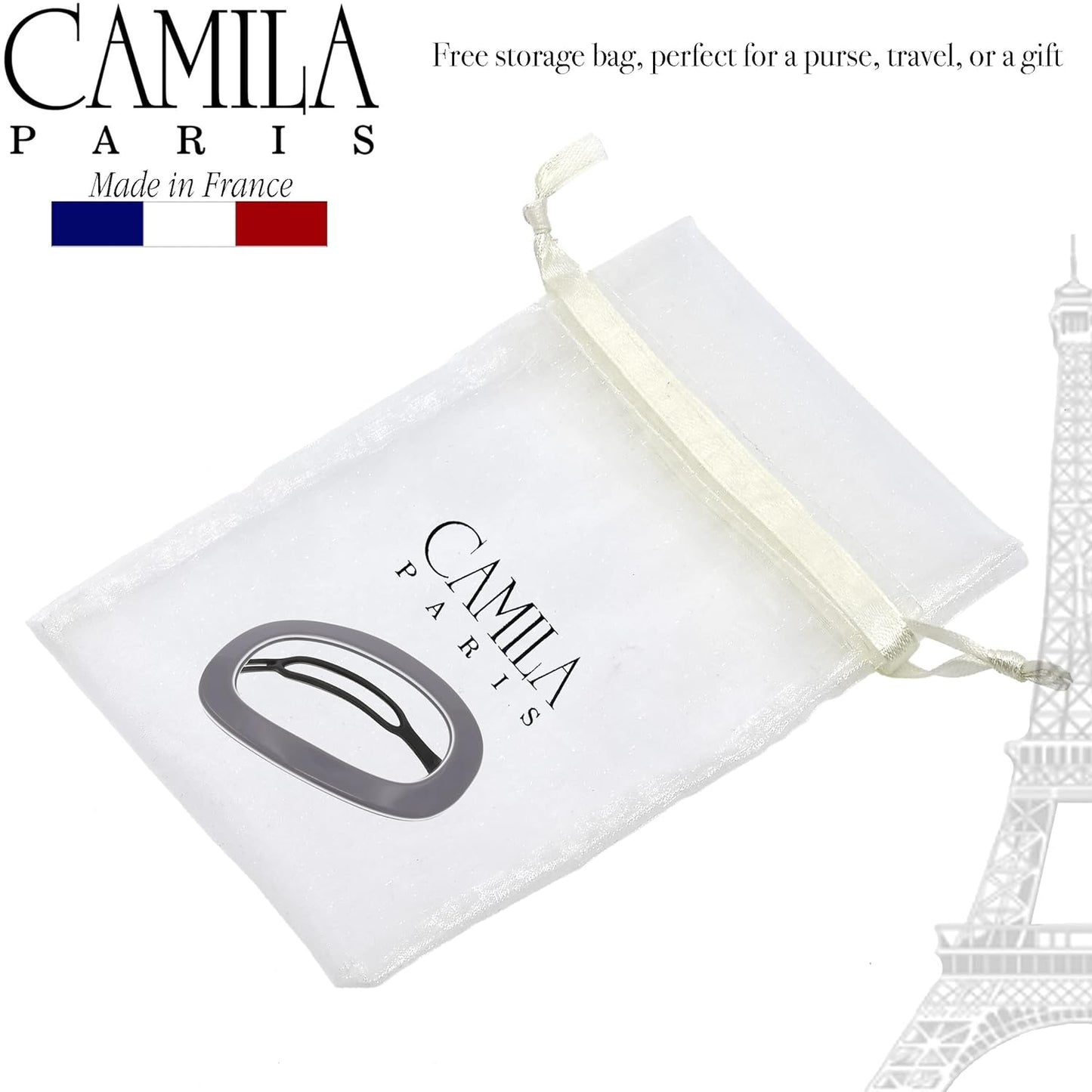 Camila Paris CP3356 French Hair Barrette Clip for Women, Handmade, Gray White, Slide-in Metal-Free Closure, Strong Hold Grip Hair Clips for Girls, No Slip Durable Hair Accessories, Made in France