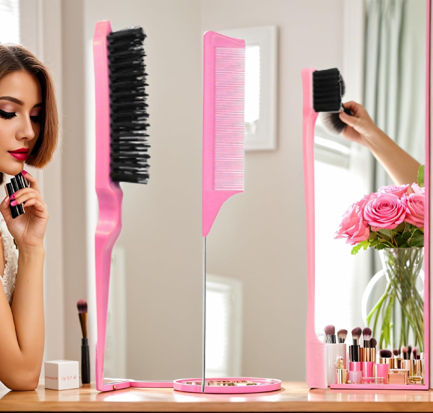 Pink Comb Set 3 piece, Slick Back Brush with Edge Brush, styling comb for kids for middle part,Rat Tail Comb, Teasing Brush Set for Smoothing brush Baby Hair