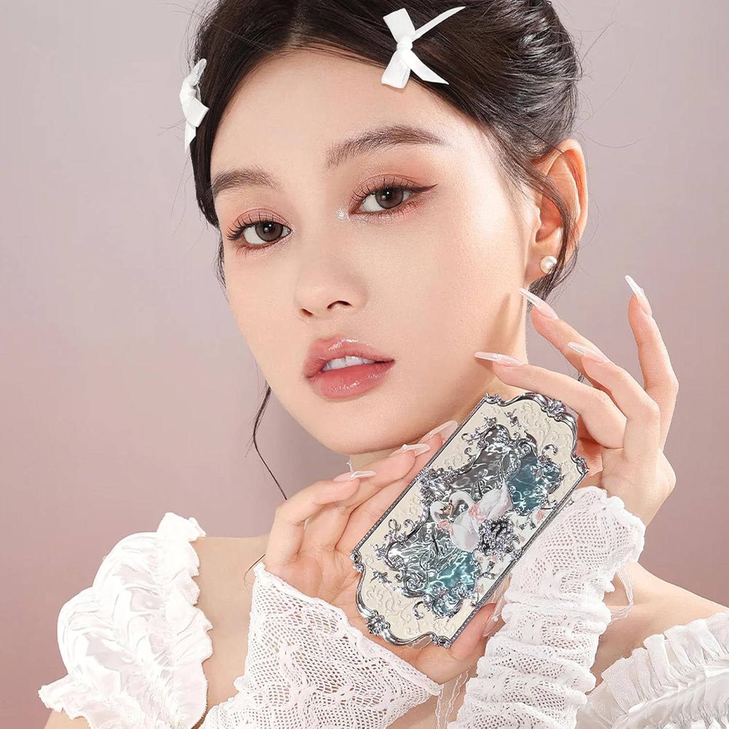 Flower Knows Swan Ballet Six-Color Makeup Palette,Eyeshadow,Blush,Highlighting & Contour All-in-One Face Makeup Palette with 4 Matte+2 Shimmer Neutral Shades(01 White Swan,0.23 Oz)