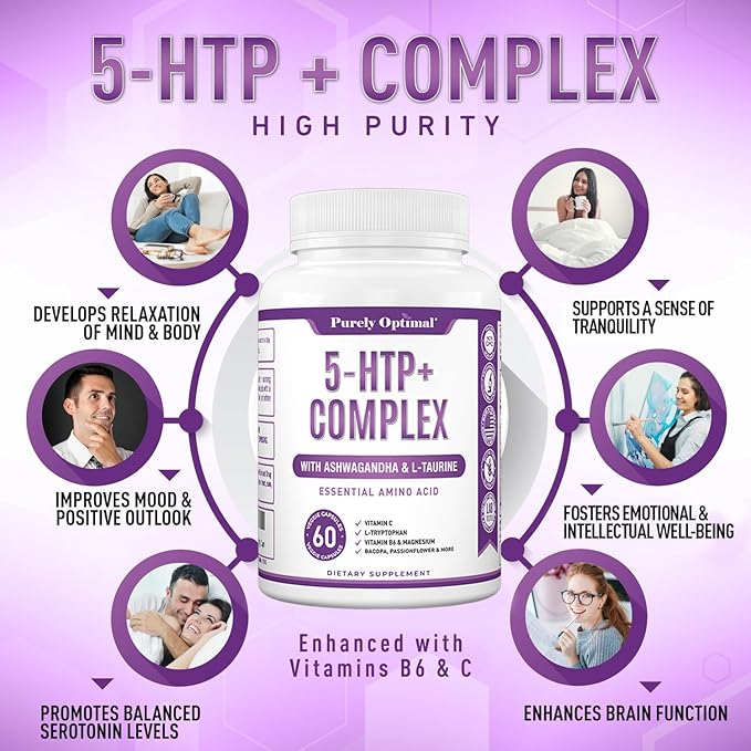 Purely Optimal Premium 5-HTP Plus Supplement 250mg Maximum B6, Gluten 60 Veggie