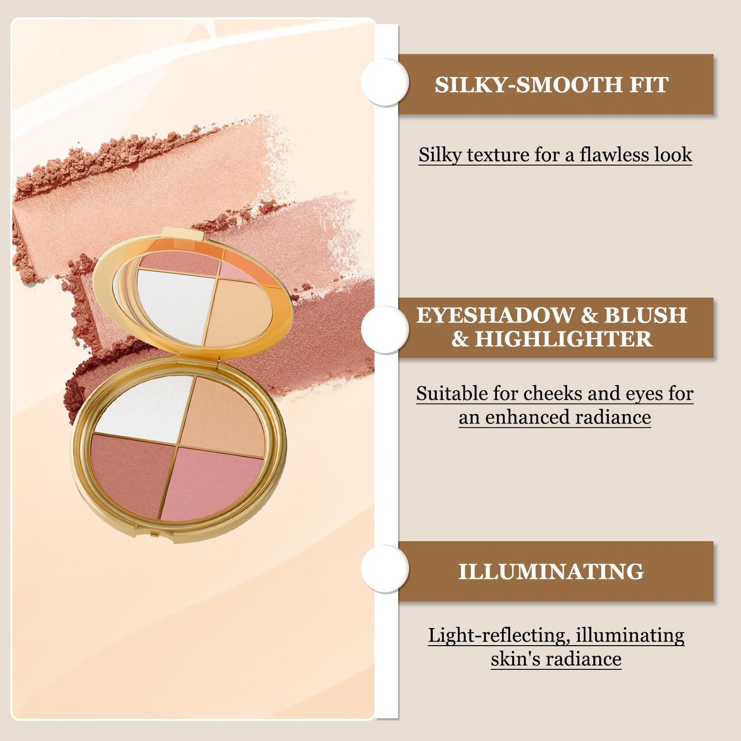 Eye & Cheek Palette - Eyeshadow and Highlighter Makeup, Face Highlighter Palette for Women, Multitasking Blush, Highlighting Eye & Cheek Palette, 4-In-1Makeup Palettes Kit, Natural Glow Contour Powder