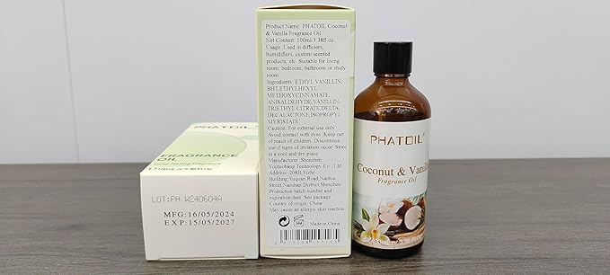 100ML/3.38fl.oz Coconut & Vanilla Fragrance Oils, PHATOIL Coconut & Vanilla Oil for Diffuser, Humidifier, Scented Oils for DIY Soap, Candle Making with Premium Glass Dropper