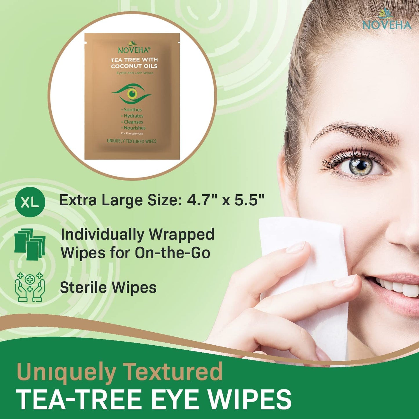 NOVEHA 120PCs Tea Tree & Coconut Oil Eyelid & Lash Wipes - For Demodex, Blepharitis & Itchy Eyes, Individually Wrapped Eyelash Wipes With Aloe Vera, Natural Makeup Remover & Daily Eye Cleanser - 2pack