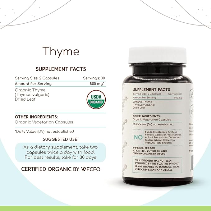 Thyme 60 Capsules, 800 mg, USDA (60 Capsules)