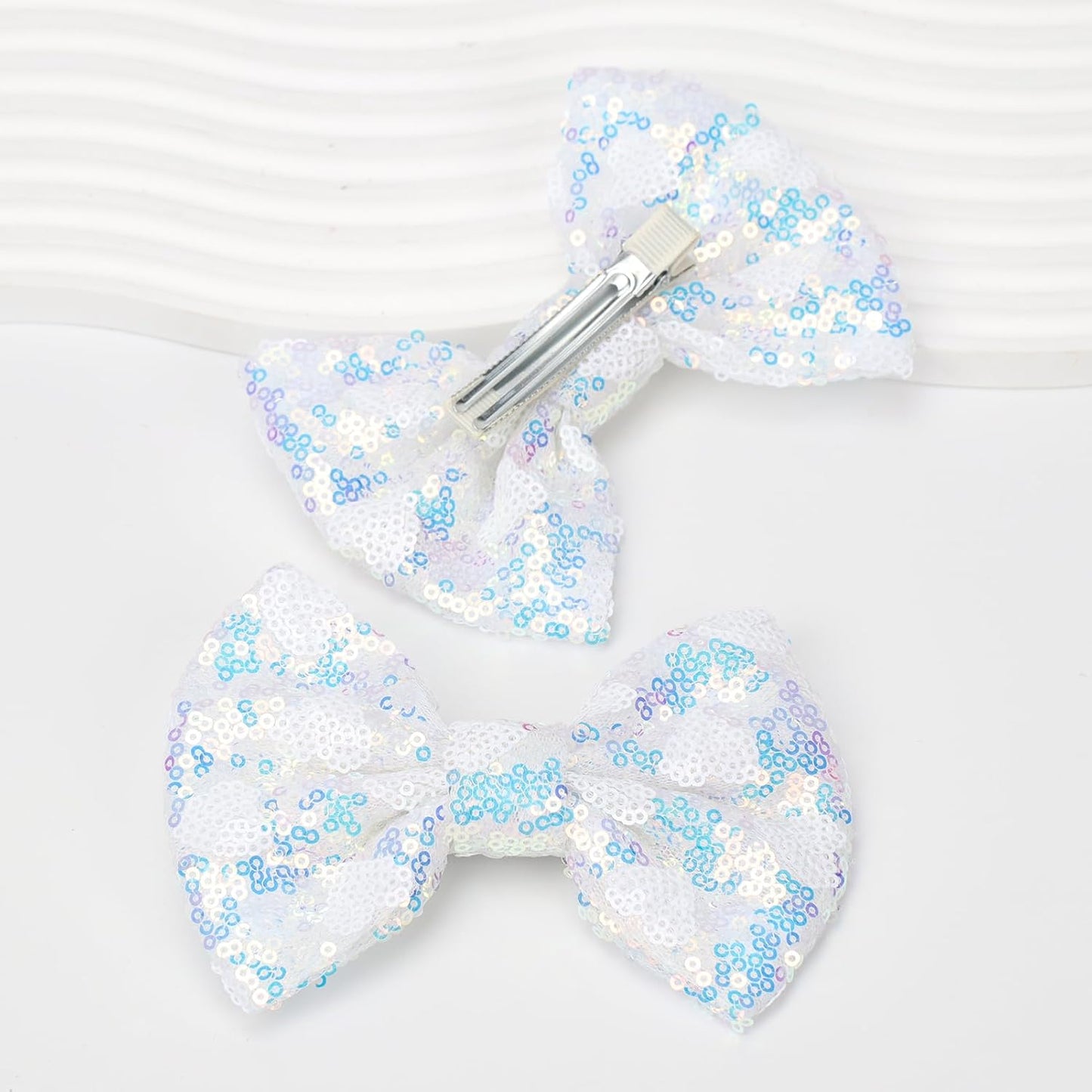 Large Big Sparkling 5 Inch Glitter Heart Hair Bows Clips Sequin Bow Alligator Clips Hair Accessories for Girls, Teens, Toddlers(White)