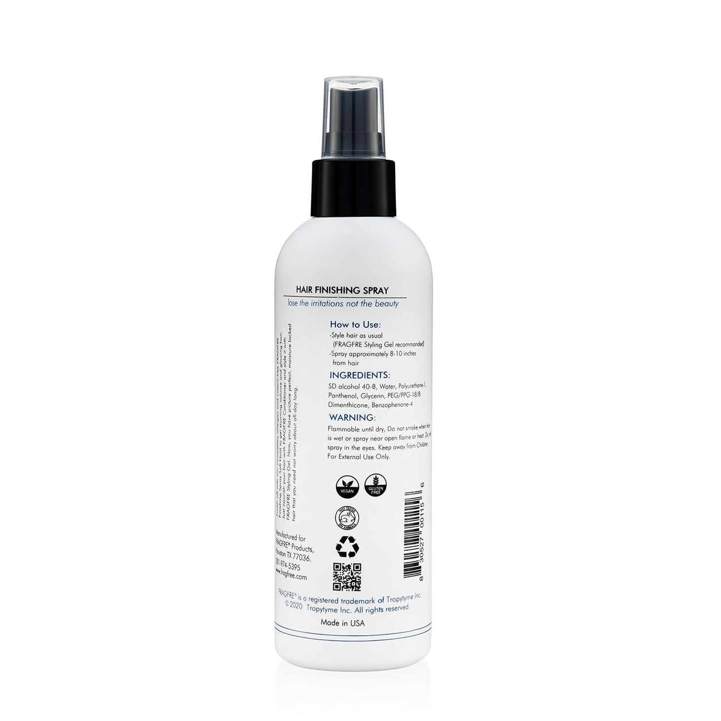 Hair Finishing Spray 8 oz - Flexible Soft Hold - Hair Spray for Sensitive Skin - Fragrance Free Hypoallergenic Parabens Free - Non Irritating Quick Dry Denatured Alcohol - Gluten Free Vegan