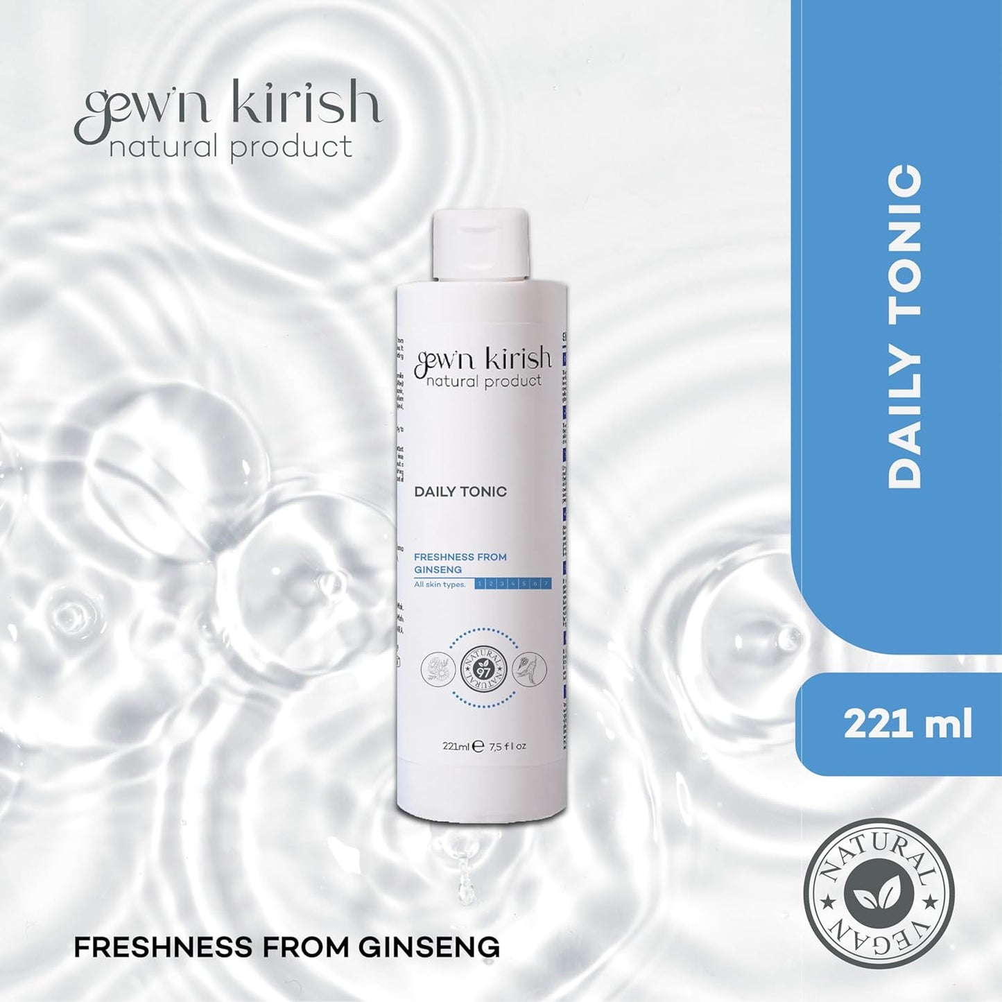 Gewโn Kirish Daily Tonic โ Purifying & Hydrating Face Toner with Ginseng, Balances Sebum & Revives Skin, Suitable for Oily, Dry & Sensitive Skin, 7.5 fl oz