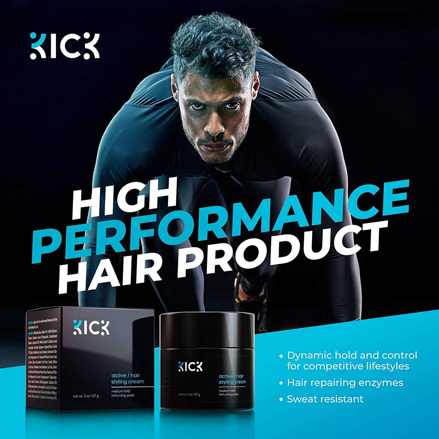 Kick Men's Medium Hold Hair Cream - Non Greasy, Thickening, Damage Control, Anti-Greying, Hydrating - 2 Oz