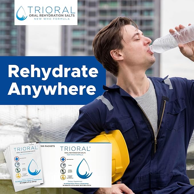 TRIORAL Rehydration Electrolyte Powder - WHO Hydration Supplement Salts Formula - Combat Dehydration from Workouts, Fluid Loss and Much More - 100 Drink Mix Packets
