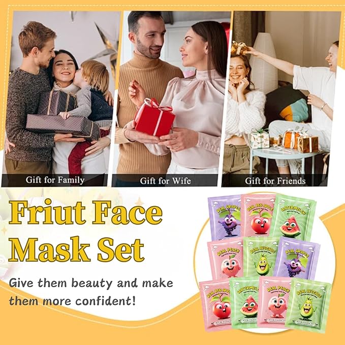 Hydrating Face Masks - Face Masks Skincare - Cartoon Fruit Face Mask Pack - Moisturizing, Antioxidant & Nourishing Facial Mask - Sheet Mask - Girls Easter Basket Stuffers (10PCS, Fruit)
