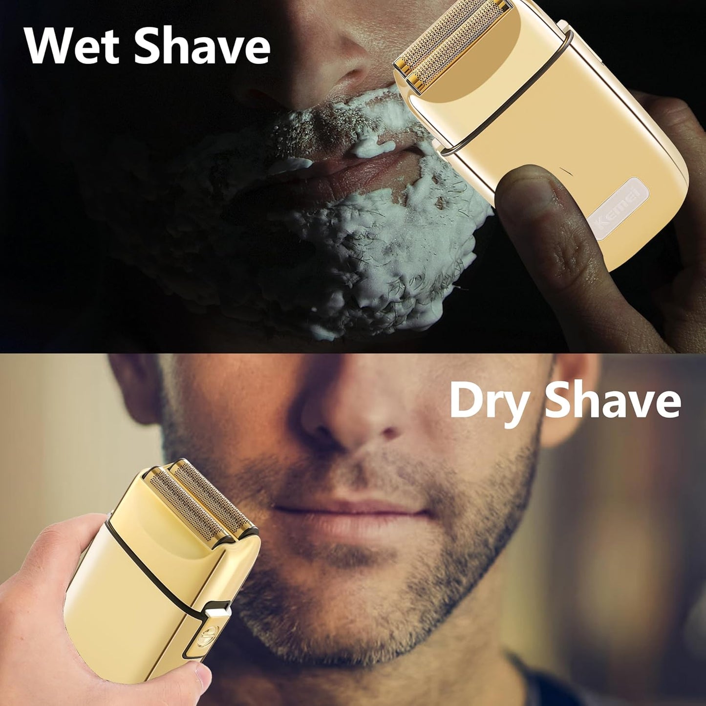 Kemei Cordless Metal Double Electric Shaver Razor for Men Close Electric Shavers, Type-C Rechargeable for Wet/Dry Shaving, KM-TX1 Gold