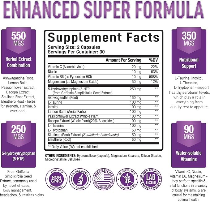 Purely Optimal Premium 5-HTP Plus Supplement 250mg Maximum B6, Gluten 60 Veggie