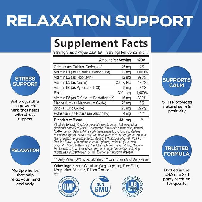 Stress Support Supplements for Mood & 5-HTP, L-Theanine 60 Capsules