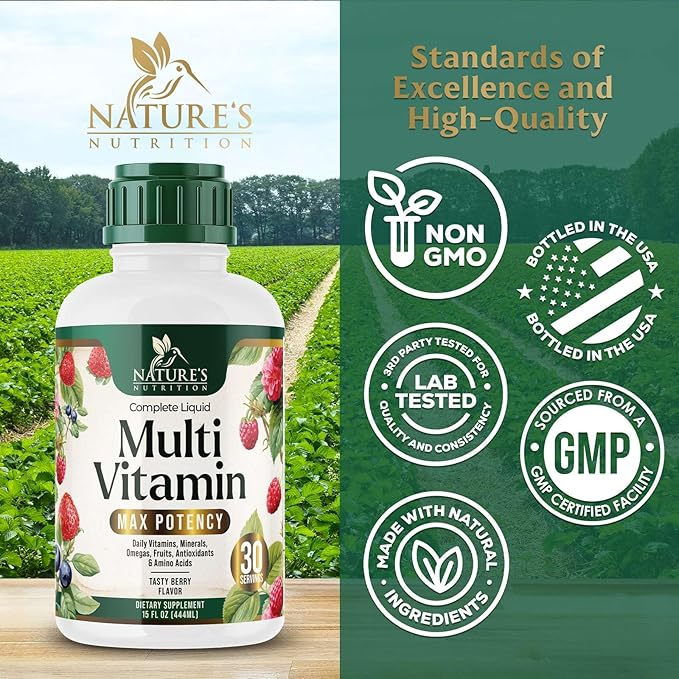 Liquid Multivitamin, Sugar Free Multi Vitamin for Women Men & Kids, Vitamins A, C, D, B-12, Biotin & Zinc for Beauty, Skin Care, Thicker Hair Growth & Wrinkles, Non-GMO, Vegan, Berry Flavor, 15 Fl Oz