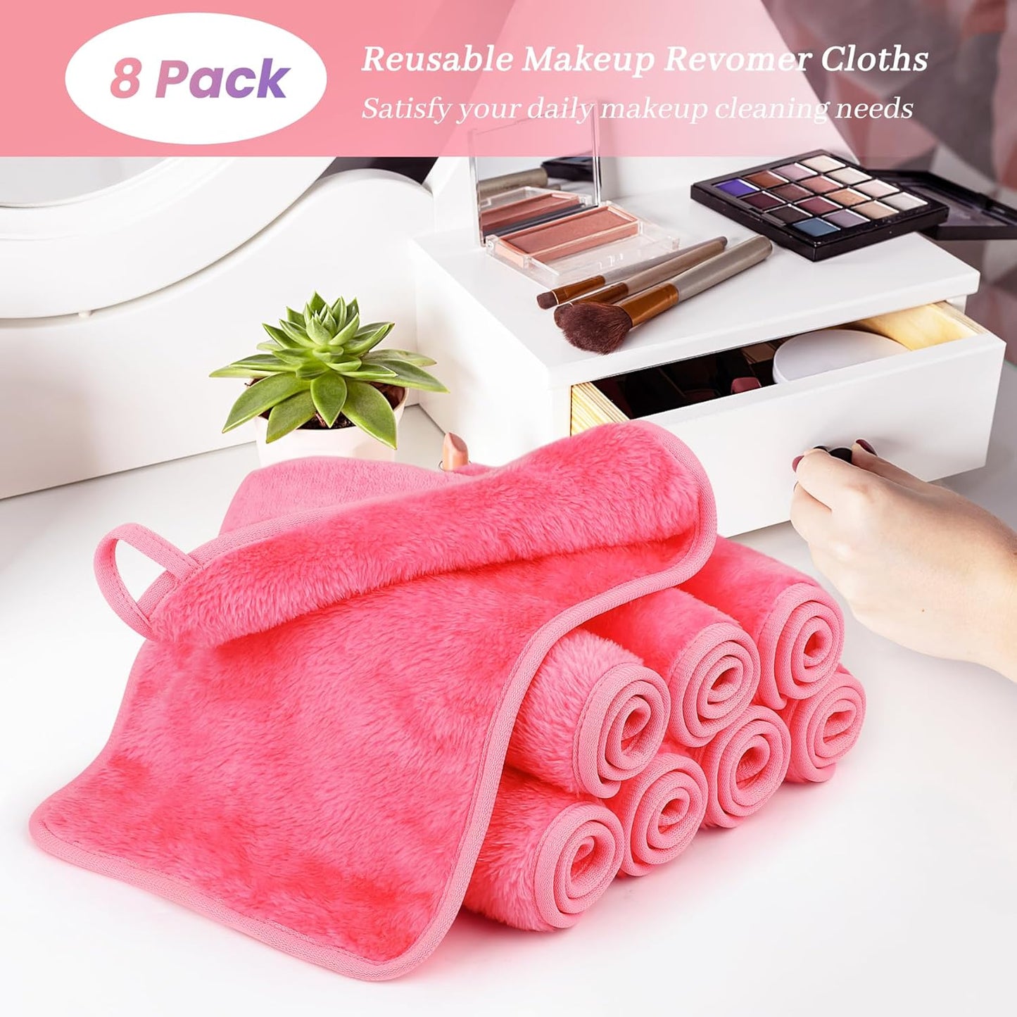 Reusable Makeup Remover Cloths 8 Pack, Ultra Soft Microfiber Facial Cleansing Cloths, Washable Makeup Remover Towels for All Skin Types,13x7 inch,Pink