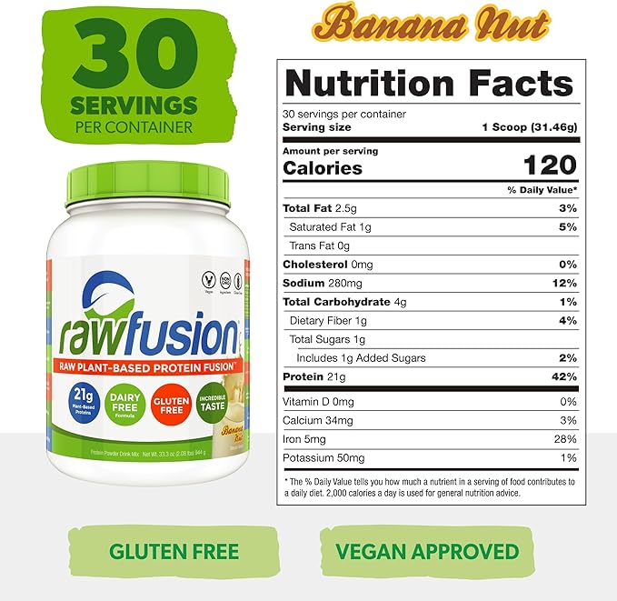 Rawfusion- Vegan Protein Powder, Banana Nut - 30 Servings, 21g of Plant Based Protein, Low Net Carbs, Non-Dairy, Gluten/ Lactose Free, Soy Free, Kosher, Non-GMO, 2lb Pound