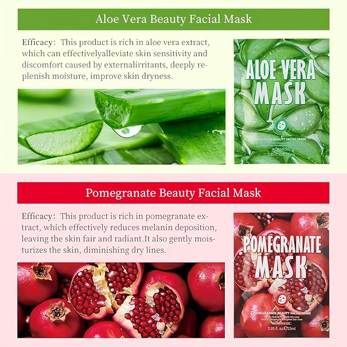 Facial mask Moisturizing face Mask Deep Hydration, Improves Dry Skin, Sheet Mask, 10pcs Sheet Mask Hydrating & Soothing Skin Care Pomegranate and Aloe Vera Beauty Facial Mask (10PCS, A+P)