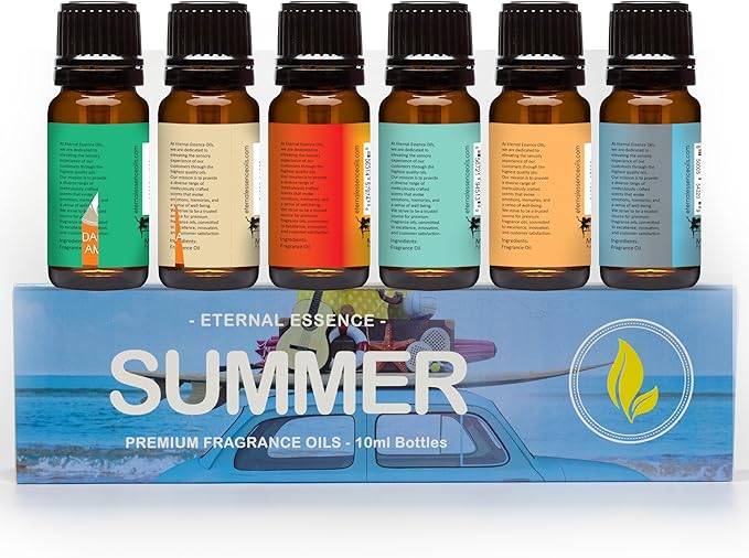 Eternal Essence Oils Summer Set of 6 Premium Fragrance Oils - Includes Watermelon, Caribbean Escape, Coconut Cream, End of The Rainbow, Pina Colada, and Summer Boardwalk Scented Oils - 10ML