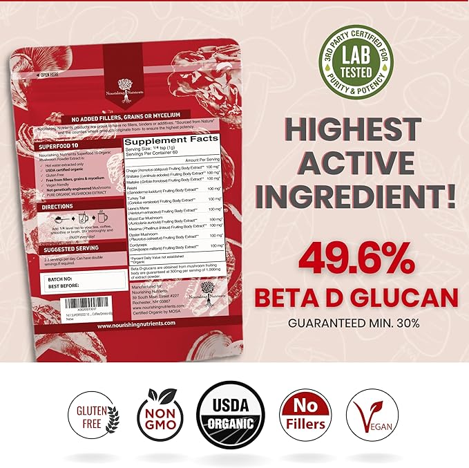 Organic Mushroom Powder Extract -Superfood 10 14x Stronger 100% Pure 60 Grams