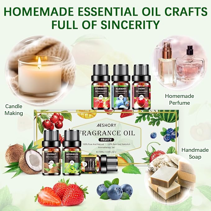 Fruity Essential Oils Set - 6x10ML Fruit Fragrance Oil for Diffuser, Aromatherapy, Candle Making - Strawberry, Cherry, Blueberry, Mango, Coconut, Watermelon Scented Oil