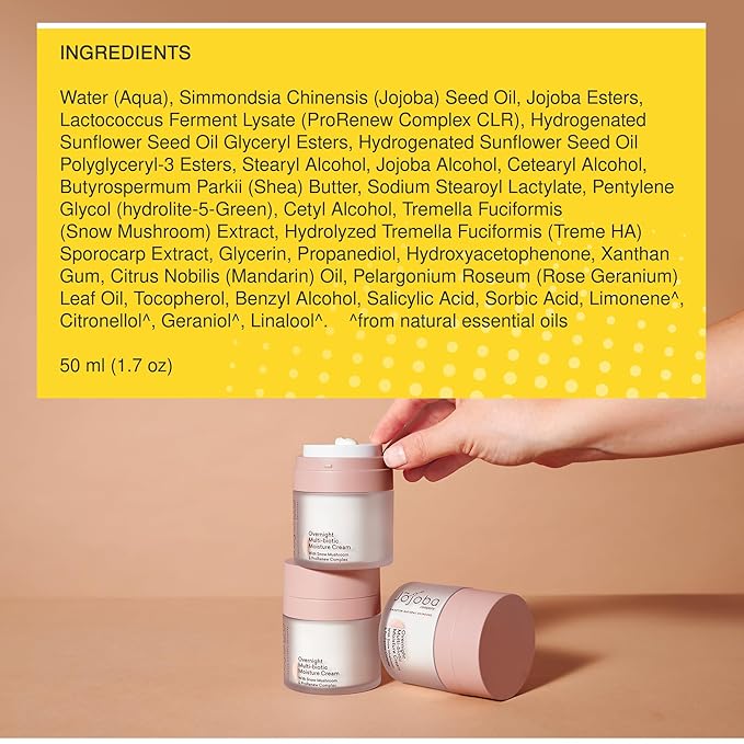 The Jojoba Company Overnight Multi-Biotic Moisture Cream with Snow Mushroom & ProRenew Complex โ Hydrating Night Cream for Dry, Sensitive Skin โ Nourishing, Lightweight