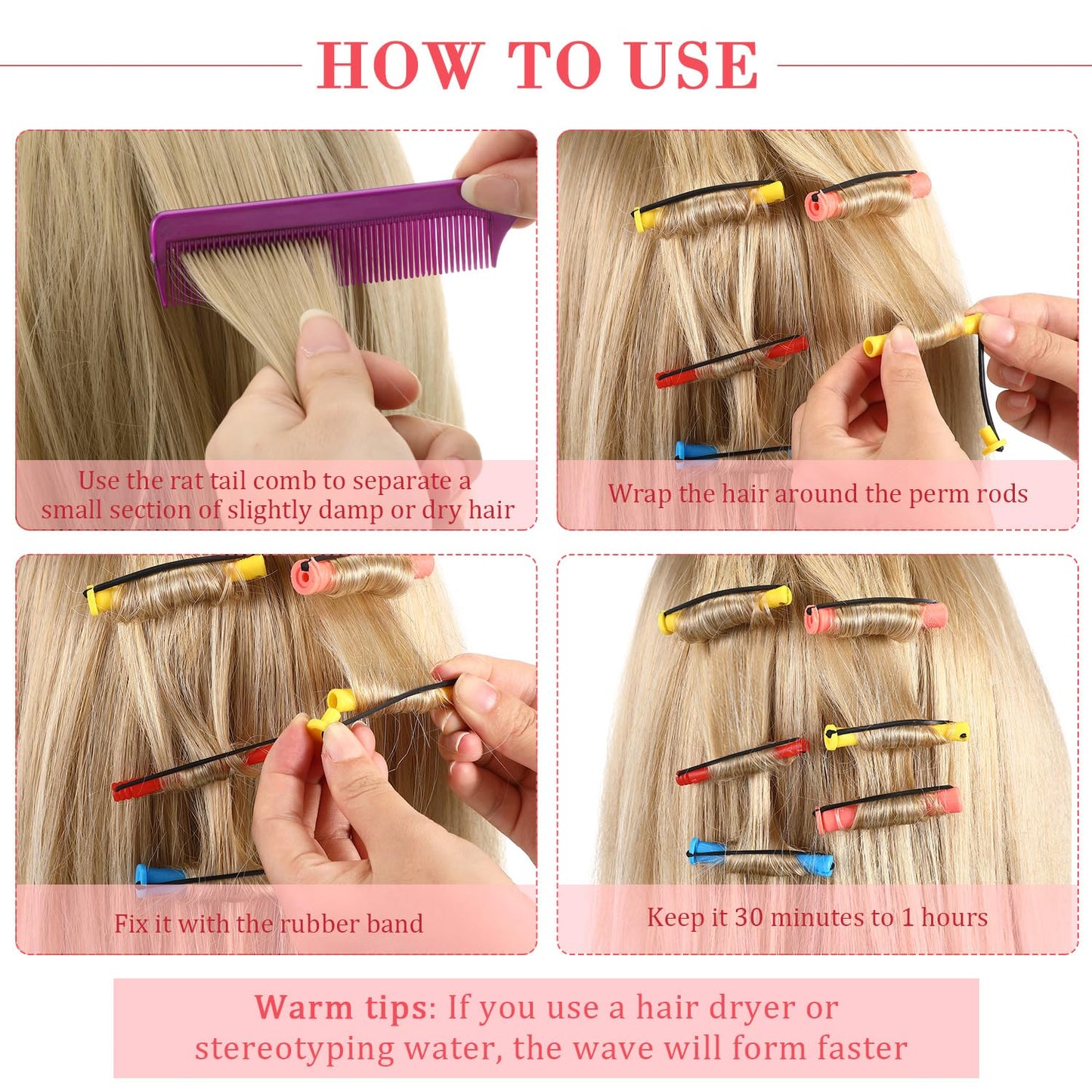 WILLBOND 72 Pieces Hair Perm Rods Set, Short Plastic Perming Rods Cold Wave Roller 4 Sizes Hair Curling Rollers with 1 Piece Steel Pintail Comb for Hairdressing Styling (Short)