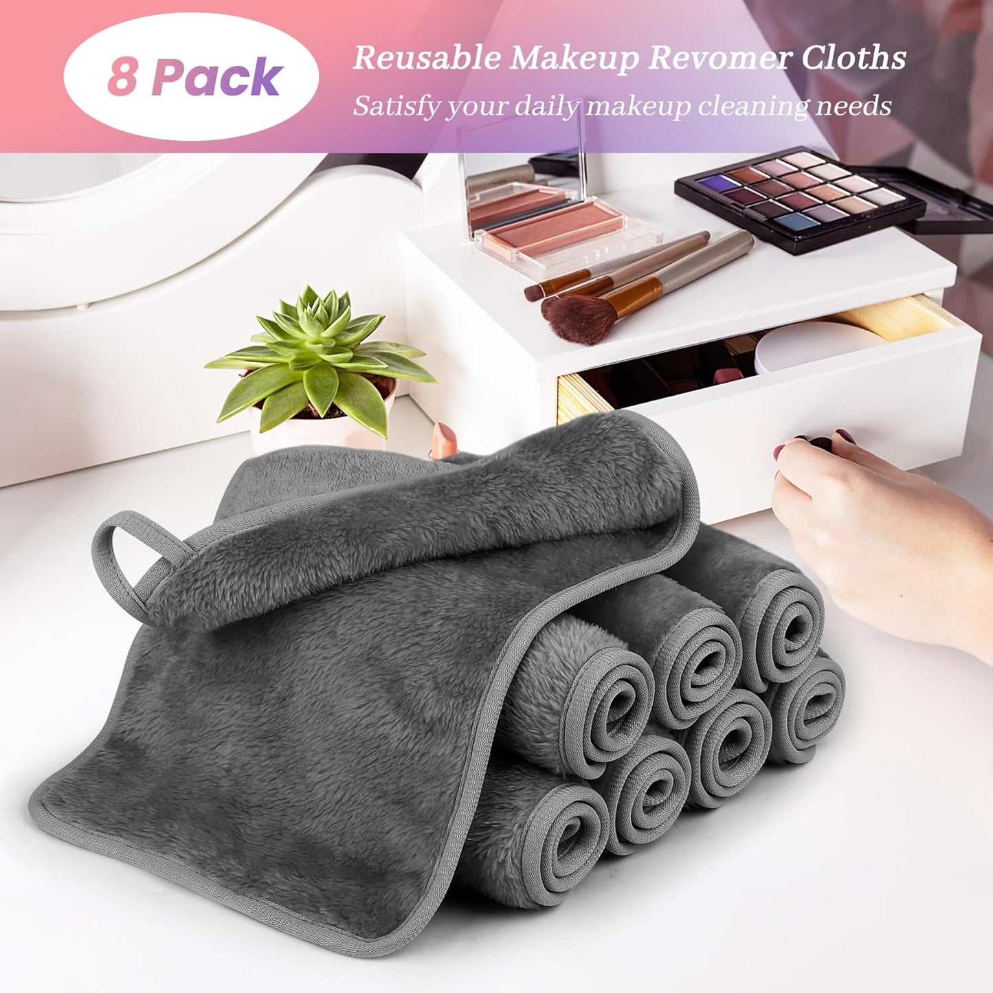 Makeup Remover Cloth Pack of 8, Soft Microfiber Makeup Remover Towels,13x7 inch Reusable Facial Cleansing Cloths for All Skin Types,Gray