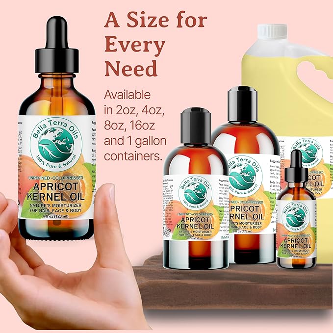 Bella Terra Oils - Organic Apricot Kernel Oil 4 oz - Pure Organic Apricot Essence, Abundant in Linoleic & Oleic Acid, A Luxurious Carrier Oil for Essential Oils