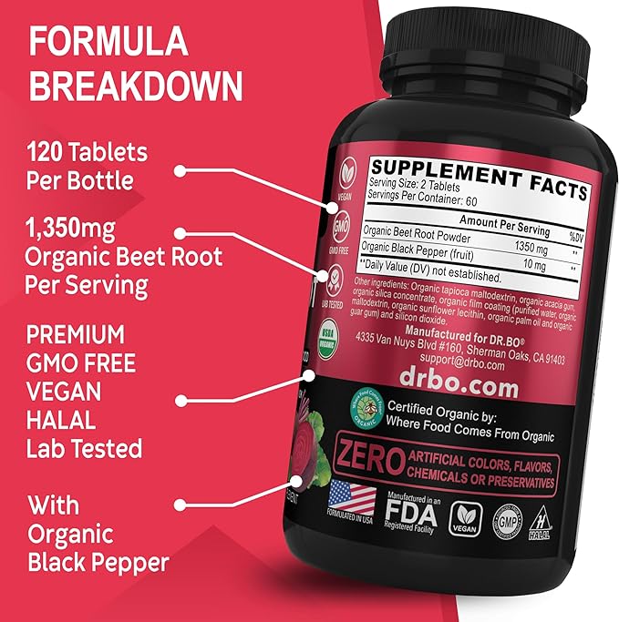 Organic Beet Root Capsules Supplements - 1350mg Beetroot Powder Extract Pills, Organic Beet Root Powder Supplement, Super Nitric Oxide Beets, High Circulation Beet Vitamins Support - 120 Beet Tablets