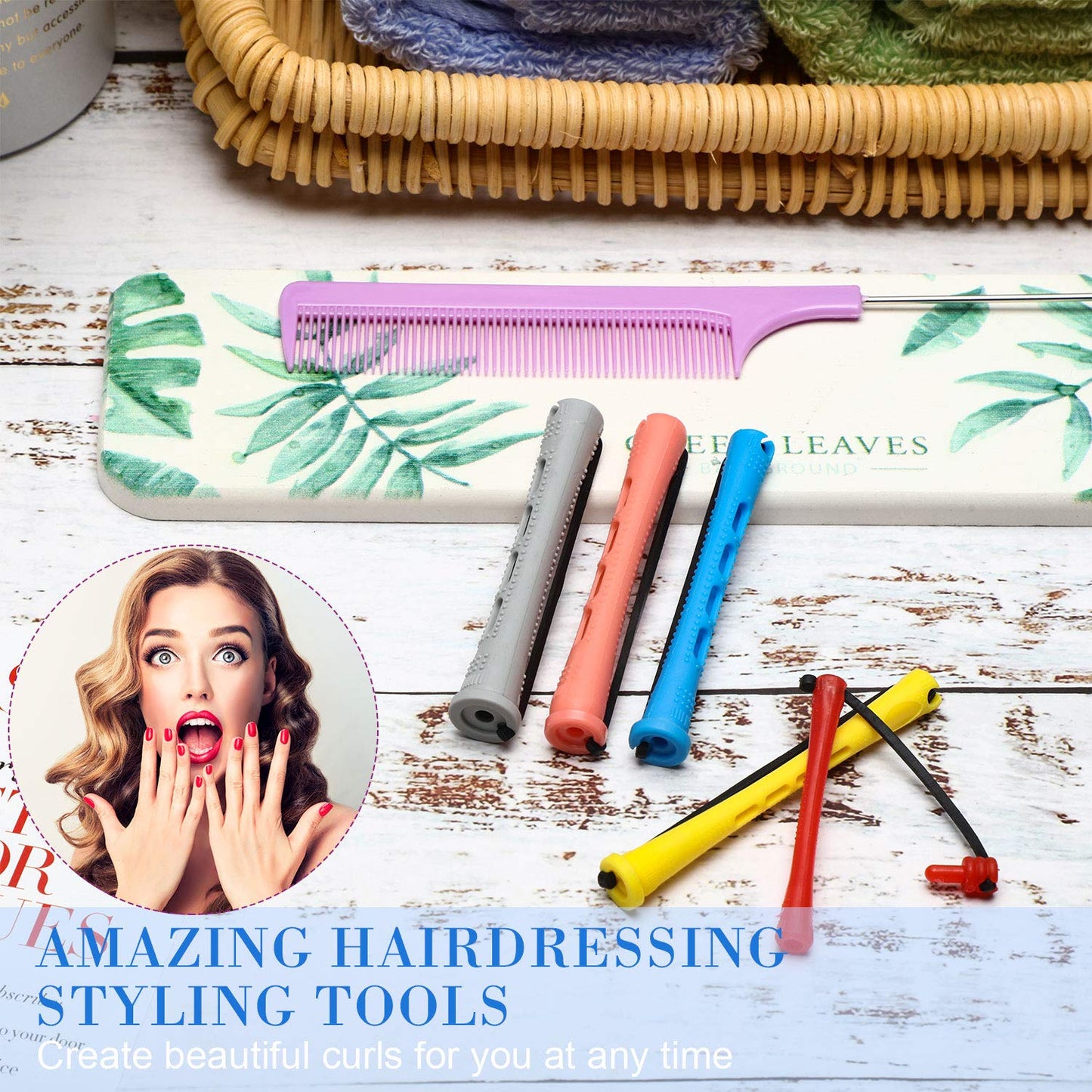 WILLBOND 60 Pieces Hair Perm Rods Set Plastic Cold Wave Perming Rods for Natural Hair Long Short Curling Rollers with Rat Tail Comb for Hairdressing(Bright Color,Assorted Size)